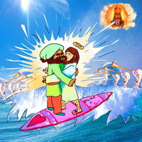 Mohammed and Jesus kiss on a surfboard, as angels blow trumpets