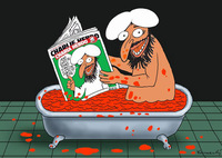 Muhammad is taking a blood bath while reading Charlie Hebdo’s Muhammad cover newspaper!